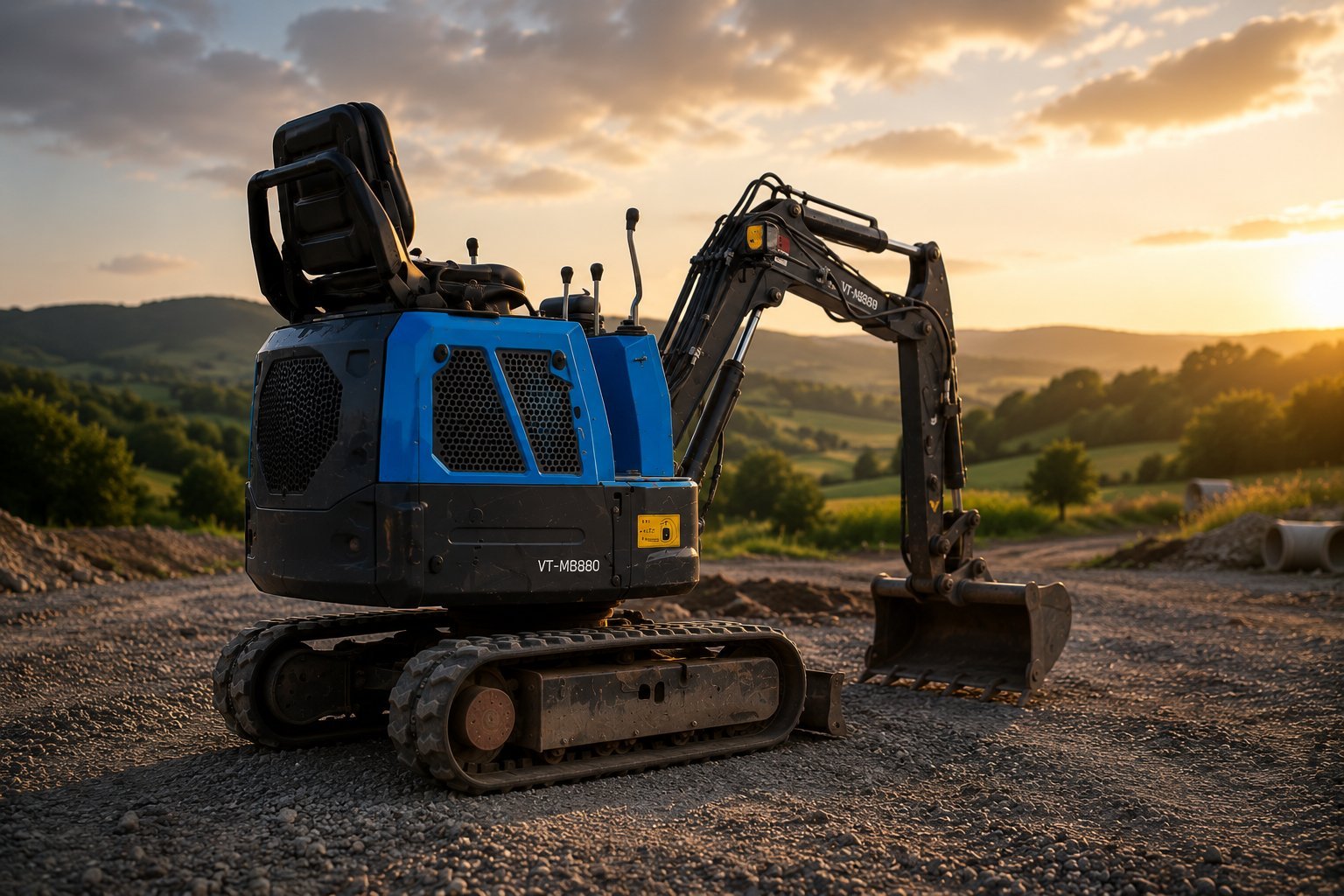 Blue and black compact excavator on tracked treads at a construction site with mountainous landscape and sunset sky in background