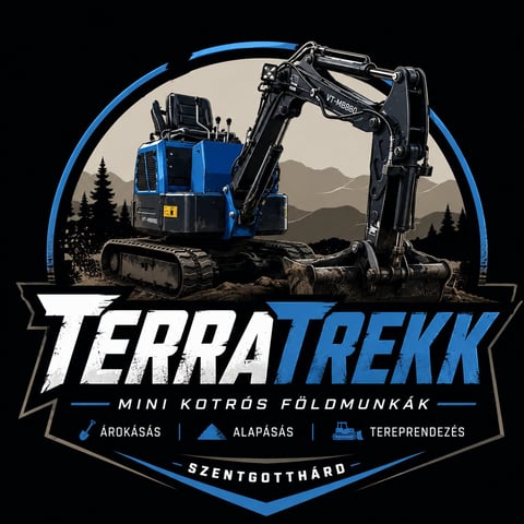 TerraTrekk logo featuring a blue mini excavator with tracked treads in a mountainous landscape setting