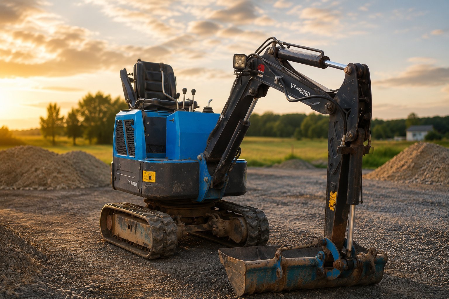 Blue and black compact excavator with extended arm and bucket on dirt ground at sunset with trees in background